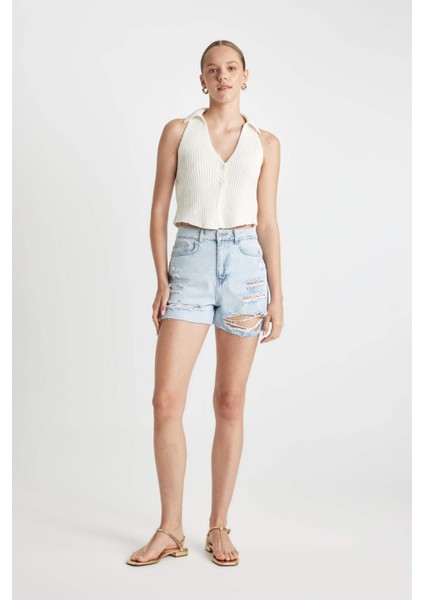 Mom Fit Yüksek Bel Paça Ucu Kesik Jean Şort C0680AX24HS