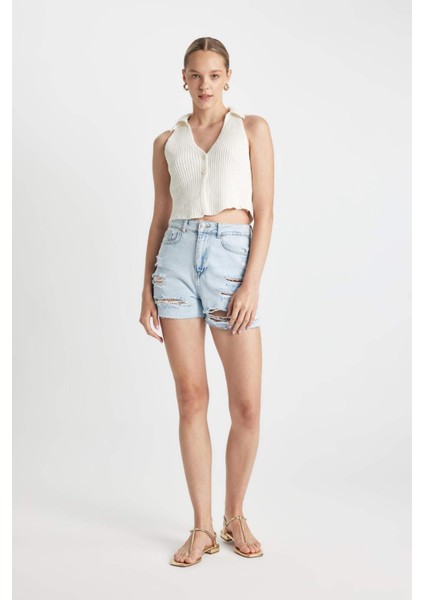 Mom Fit Yüksek Bel Paça Ucu Kesik Jean Şort C0680AX24HS