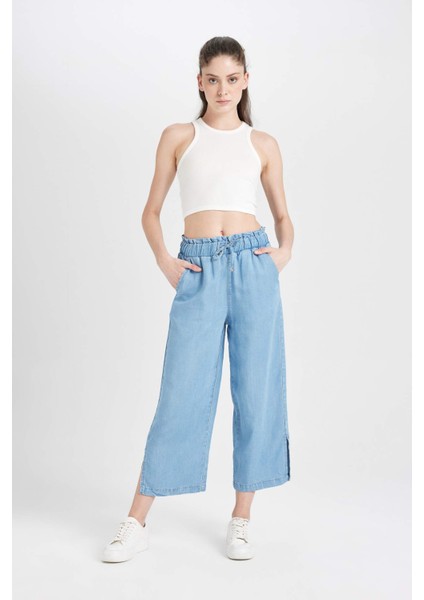 Culotte Yüksek Bel Kısa Geniş Paça Yırtmaçlı Jean Pantolon B5200AX24SM
