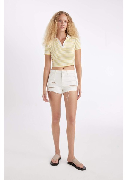 Yüksek Bel Kesik Uçlu Paça Jean Şort C0667AX24HS