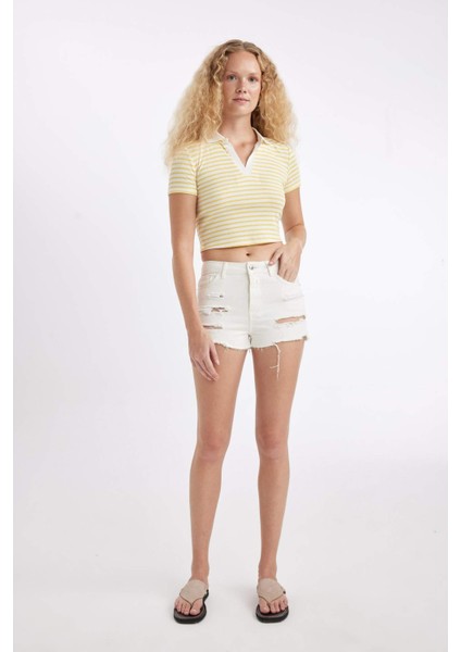 Yüksek Bel Kesik Uçlu Paça Jean Şort C0667AX24HS