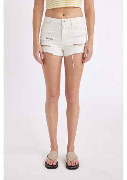 Yüksek Bel Kesik Uçlu Paça Jean Şort C0667AX24HS