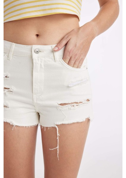 Yüksek Bel Kesik Uçlu Paça Jean Şort C0667AX24HS