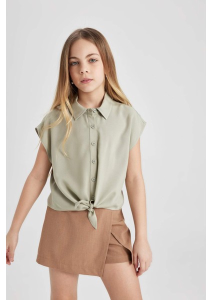 Kız Çocuk Cropped Fit Kısa Kollu Gömlek C0819A824SM