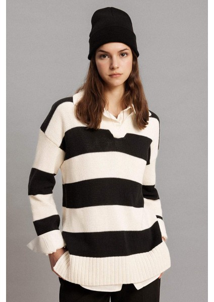 Regular Fit Polo Yaka Çizgili Triko Kazak Tunik