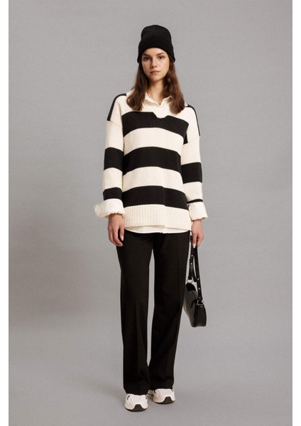 Regular Fit Polo Yaka Çizgili Triko Kazak Tunik