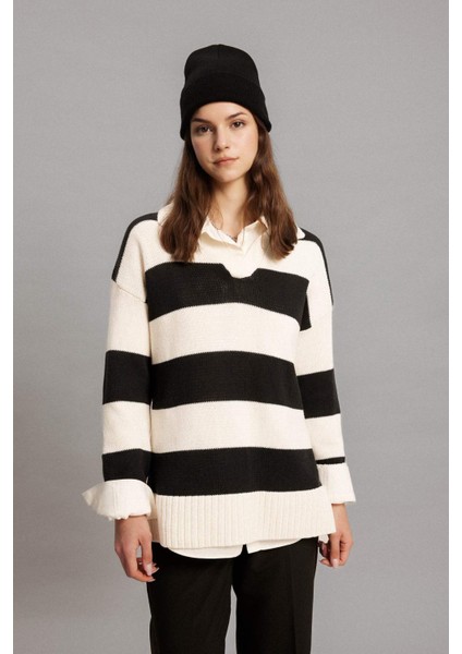 Regular Fit Polo Yaka Çizgili Triko Kazak Tunik