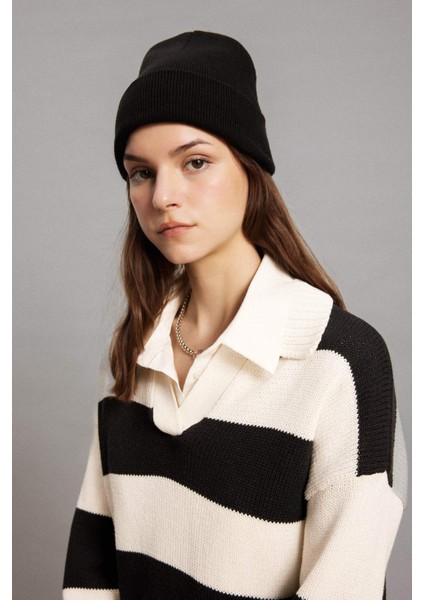 Regular Fit Polo Yaka Çizgili Triko Kazak Tunik