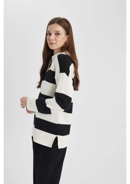 Regular Fit Polo Yaka Çizgili Triko Kazak Tunik