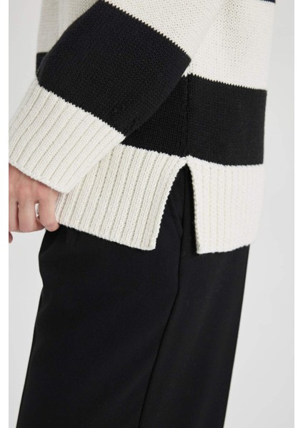 Regular Fit Polo Yaka Çizgili Triko Kazak Tunik