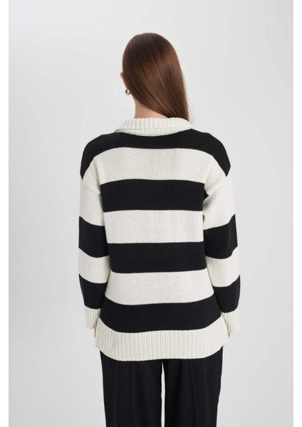 Regular Fit Polo Yaka Çizgili Triko Kazak Tunik