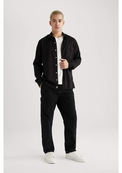 Regular Fit Polo Yaka Pamuklu Uzun Kollu Siyah Gömlek B4140AX24SP