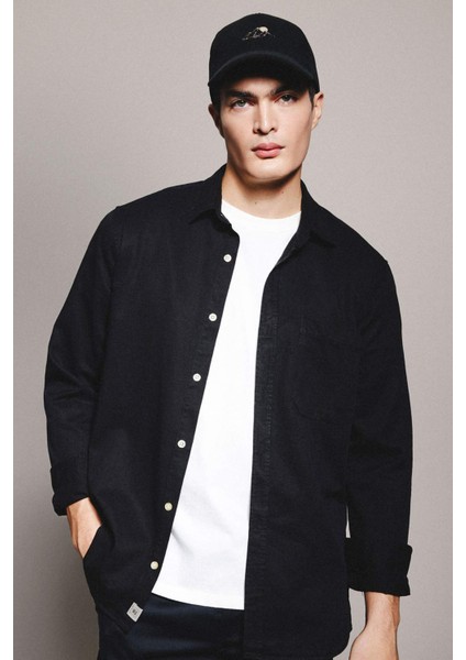 Regular Fit Polo Yaka Pamuklu Uzun Kollu Siyah Gömlek B4140AX24SP