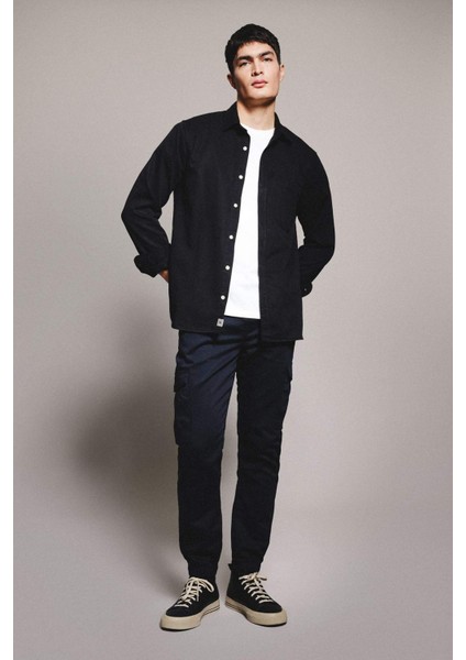 Regular Fit Polo Yaka Pamuklu Uzun Kollu Siyah Gömlek B4140AX24SP