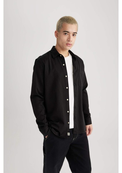 Regular Fit Polo Yaka Pamuklu Uzun Kollu Siyah Gömlek B4140AX24SP