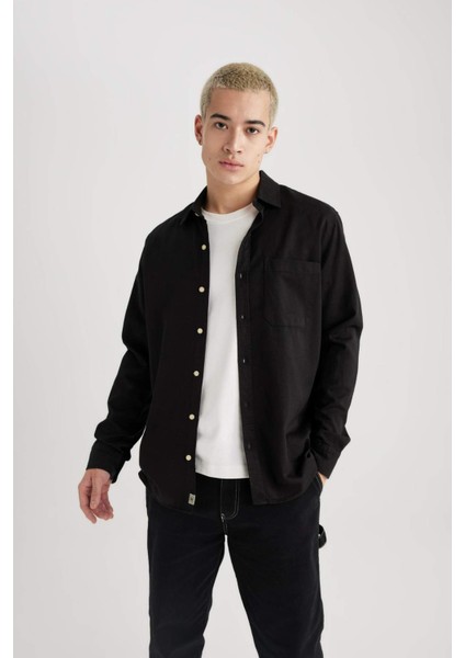 Regular Fit Polo Yaka Pamuklu Uzun Kollu Siyah Gömlek B4140AX24SP