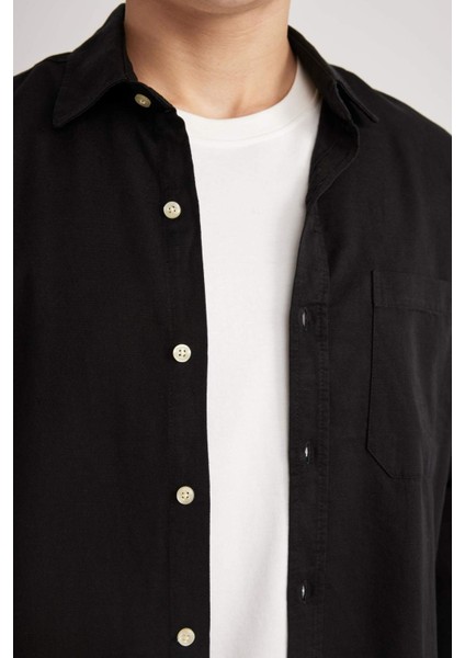 Regular Fit Polo Yaka Pamuklu Uzun Kollu Siyah Gömlek B4140AX24SP