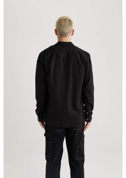 Regular Fit Polo Yaka Pamuklu Uzun Kollu Siyah Gömlek B4140AX24SP