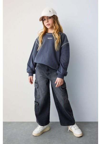 Kız Çocuk Oversize Geniş Kalıp Bisiklet Yaka Baskılı Sweatshirt C0103A824SP