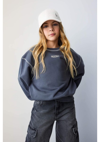 Kız Çocuk Oversize Geniş Kalıp Bisiklet Yaka Baskılı Sweatshirt C0103A824SP