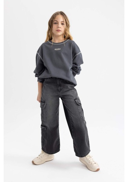 Kız Çocuk Oversize Geniş Kalıp Bisiklet Yaka Baskılı Sweatshirt C0103A824SP