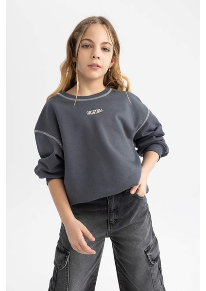 Kız Çocuk Oversize Geniş Kalıp Bisiklet Yaka Baskılı Sweatshirt C0103A824SP