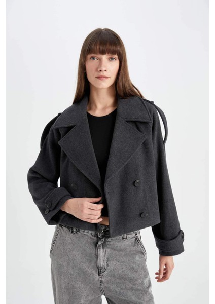 Su Geçirmez Regular Kalıp Kısa Kaşe Kaban Ceket Yaka Düğmeli Apoletli Kemerli Astarsız C0924AX24AU