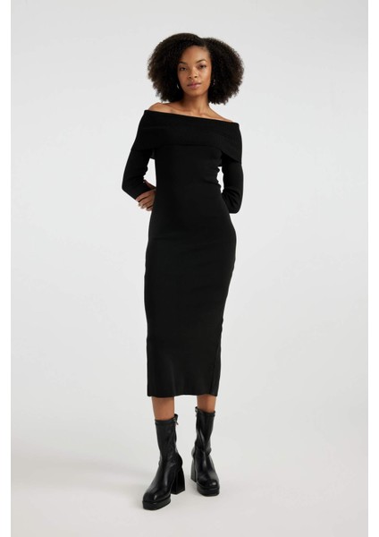 Slim Fit Dar Kesim Açık Omuz Basic Düz Uzun Kollu Midi Triko Elbise