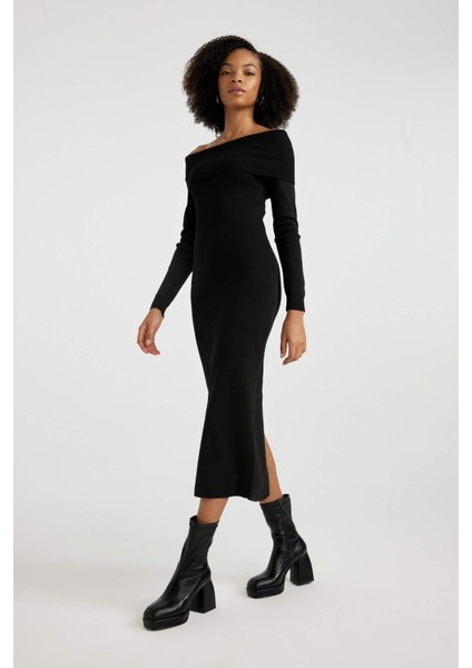 Slim Fit Dar Kesim Açık Omuz Basic Düz Uzun Kollu Midi Triko Elbise