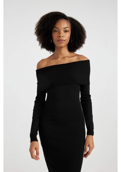 Slim Fit Dar Kesim Açık Omuz Basic Düz Uzun Kollu Midi Triko Elbise