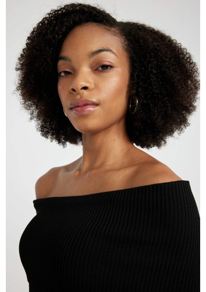 Slim Fit Dar Kesim Açık Omuz Basic Düz Uzun Kollu Midi Triko Elbise