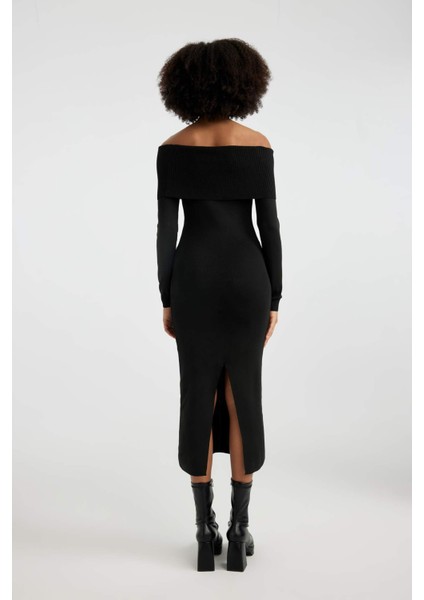 Slim Fit Dar Kesim Açık Omuz Basic Düz Uzun Kollu Midi Triko Elbise
