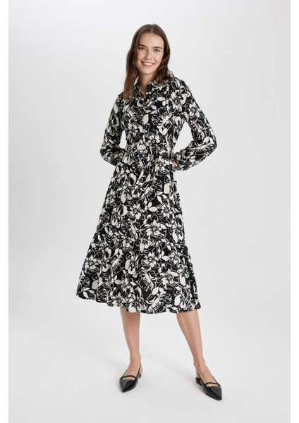 Gömlek Yaka Desenli Uzun Kollu Maxi Elbise B9008AX24SP