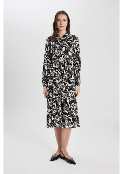 Gömlek Yaka Desenli Uzun Kollu Maxi Elbise B9008AX24SP