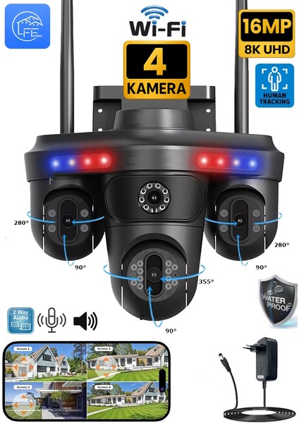 4 Kameralı (3 Motorlu+ 1 Sabit) Wifi 16MP Akıllı Gece Görüşlü Sesli Kamera Türkçe Uzaktan İzleme