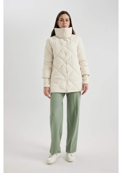 Su İtici Uzun Şişme Mont Dik Yaka Kapitoneli Çıtçıtlı Cepli Hafif C0489AX24SP