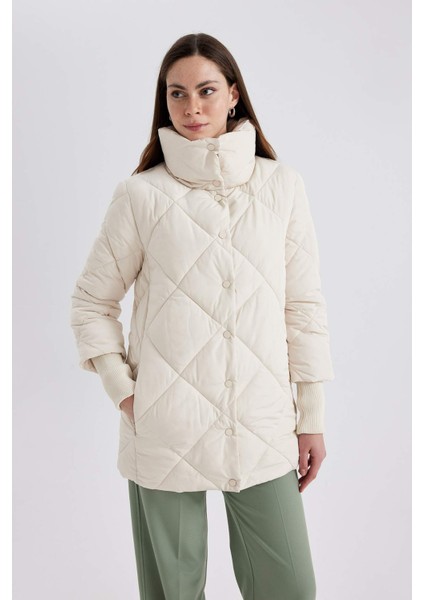 Su İtici Uzun Şişme Mont Dik Yaka Kapitoneli Çıtçıtlı Cepli Hafif C0489AX24SP