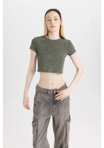 Coool Fitted Yıkamalı Soluk Efektli Basic Düz Kısa Kollu Tişört