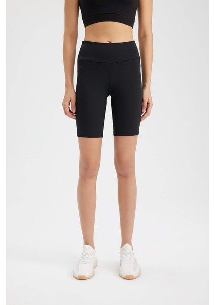 Fit Siyah Yüksek Bel Beli Saran Biker Esnek Kısa Basic Düz Sporcu Tayt Z6741AZ24SP