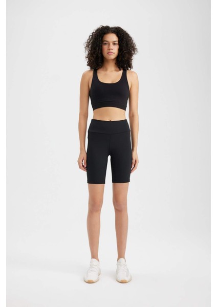 Fit Siyah Yüksek Bel Beli Saran Biker Esnek Kısa Basic Düz Sporcu Tayt Z6741AZ24SP