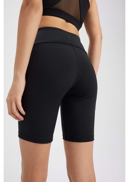 Fit Siyah Yüksek Bel Beli Saran Biker Esnek Kısa Basic Düz Sporcu Tayt Z6741AZ24SP