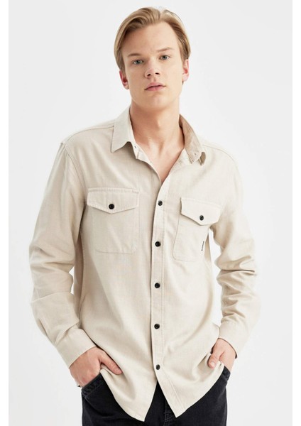 %100 Pamuk Regular Fit Polo Yaka Basic Düz Uzun Kollu Gömlek B2654AX24SP