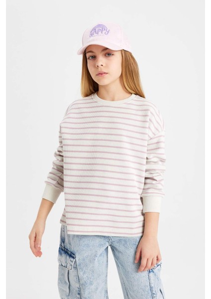 Kız Çocuk Relax Fit Bisiklet Yaka Çizgili Sweatshirt B7378A824SP