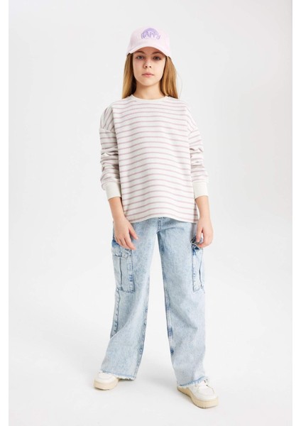 Kız Çocuk Relax Fit Bisiklet Yaka Çizgili Sweatshirt B7378A824SP