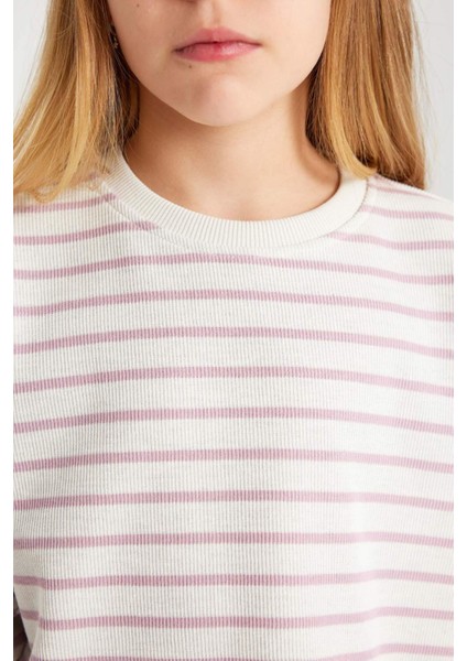 Kız Çocuk Relax Fit Bisiklet Yaka Çizgili Sweatshirt B7378A824SP