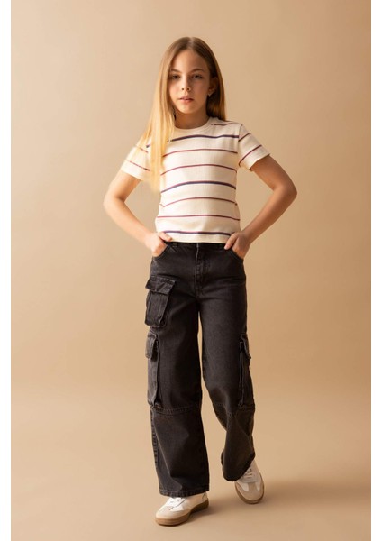 Kız Çocuk Wide Leg Kargo Geniş Paça Jean Pantolon B3433A824SP