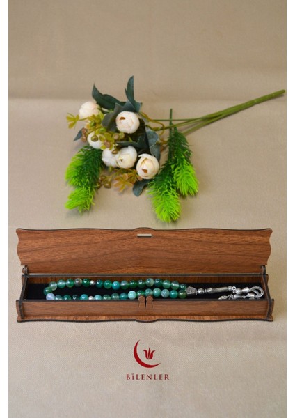 Yeşil Akik Taşlı 33’lü Erkek Tesbih – Doğal Taş, Özel Ahşap Kutulu