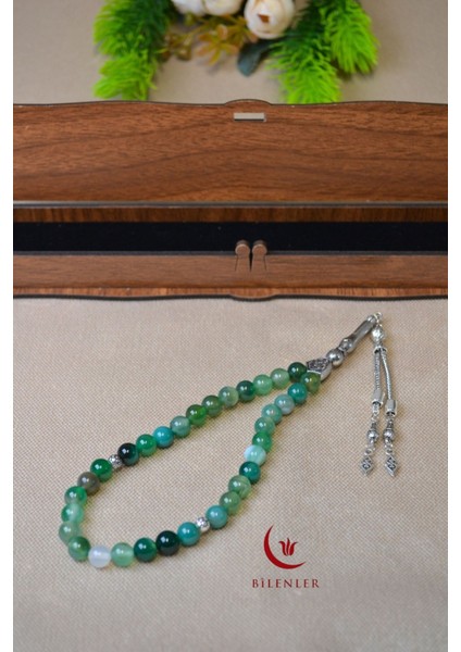 Yeşil Akik Taşlı 33’lü Erkek Tesbih – Doğal Taş, Özel Ahşap Kutulu modelleri