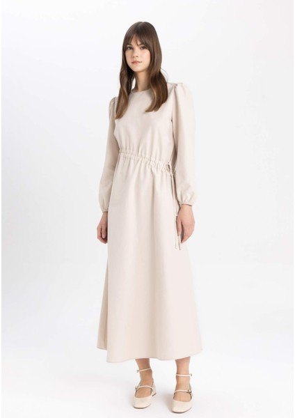 Regular Fit Bisiklet Yaka Basic Düz Poplin Uzun Kollu Maxi Elbise