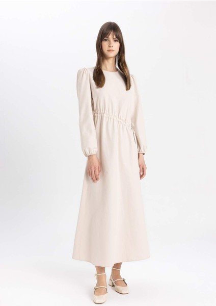 Regular Fit Bisiklet Yaka Basic Düz Poplin Uzun Kollu Maxi Elbise